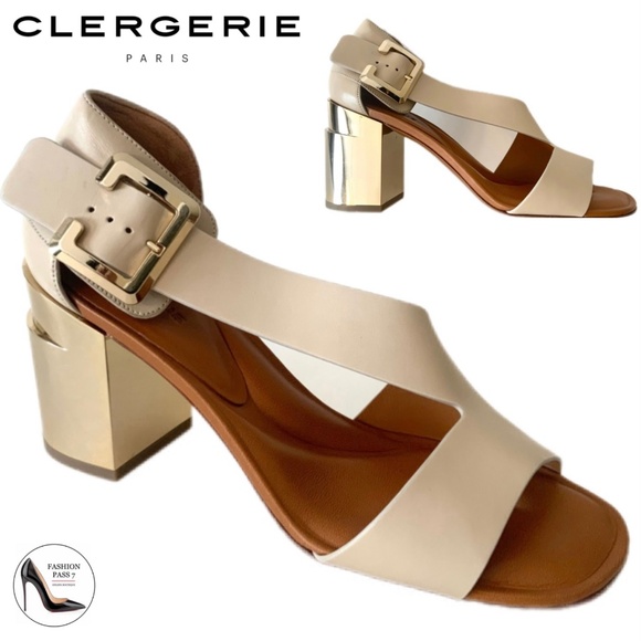 CLERGERIE Women's Beige Leather Abstract Gold Block-Heel Sandals Open toe Pumps - Picture 2 of 16